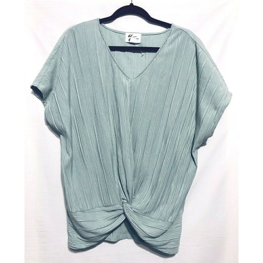 AJ Andrea Jovine Knot Front Ribbed Blouse Green Womens Size XL